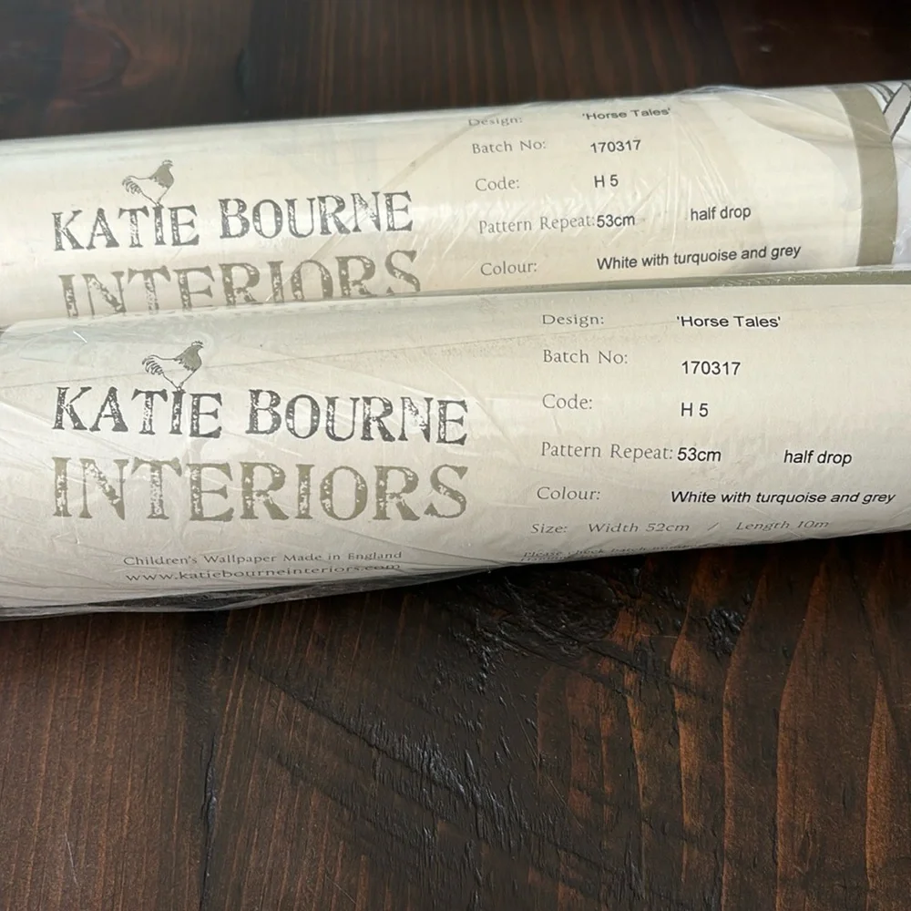 KATIE BOURNE INTERIORS Luxury Wallpaper HORSE TALES WHITE, TURQUOISE & GREY New